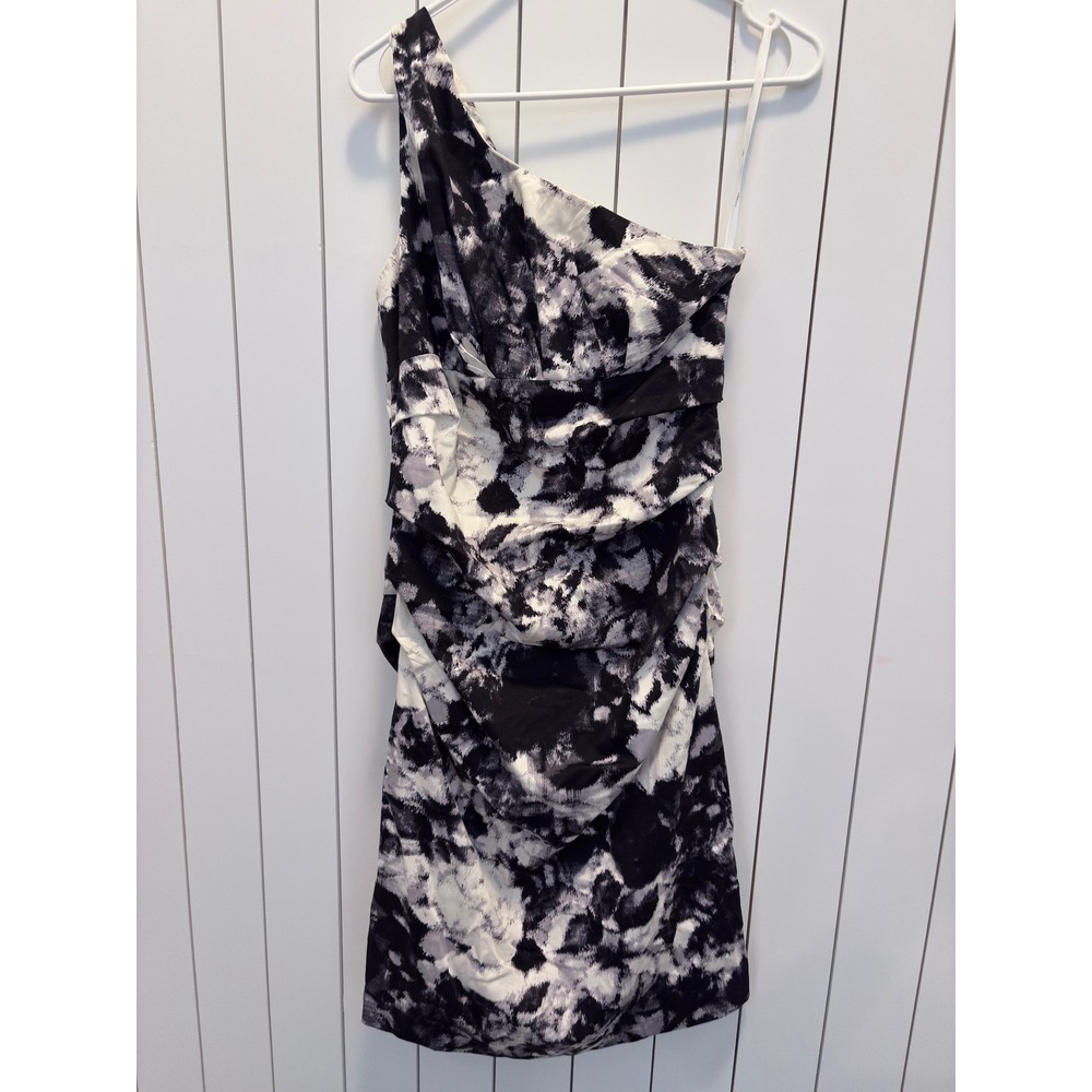 Suzi Chin Maggy Boutique One Shoulder Dress Womens 6 Black White Ruched Modern